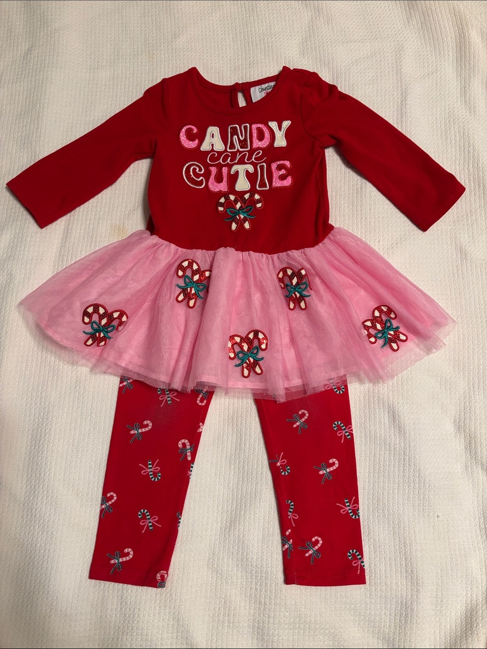 Candy Cane Cutie Girls' Red & Pink Tutu Two Piece Christmas outfit. - 2T